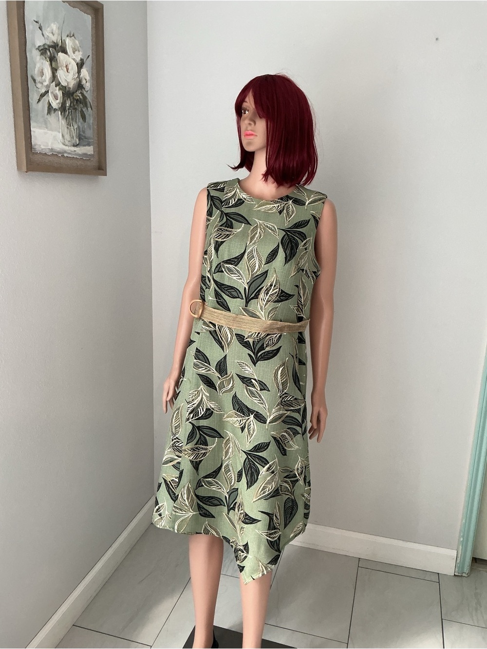 Shelby & Palmer Green Leaf Print Dress with Tan and Black Accents